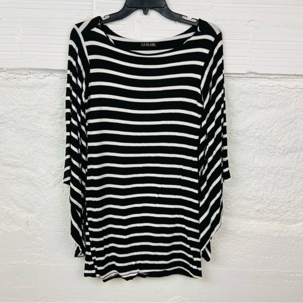 LA CLASS black & white striped long sleeve bell flare sleeve mini stretch dress